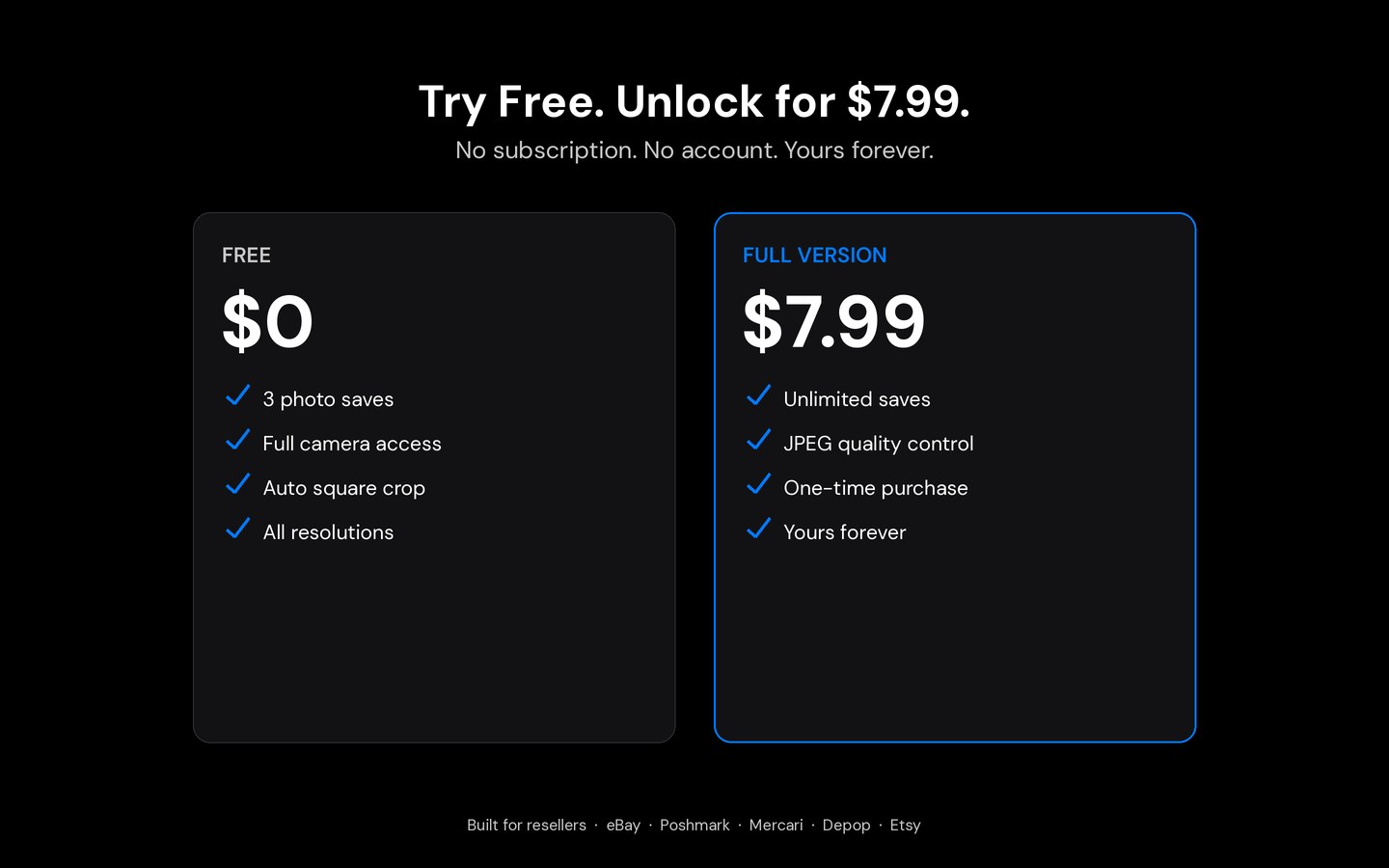 Free to try, $7.99 to unlock — no subscription